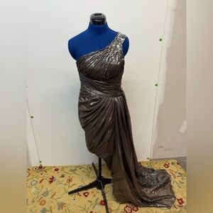 Bari Jay Brown Asymmetrical Ruched Cocktail Gown